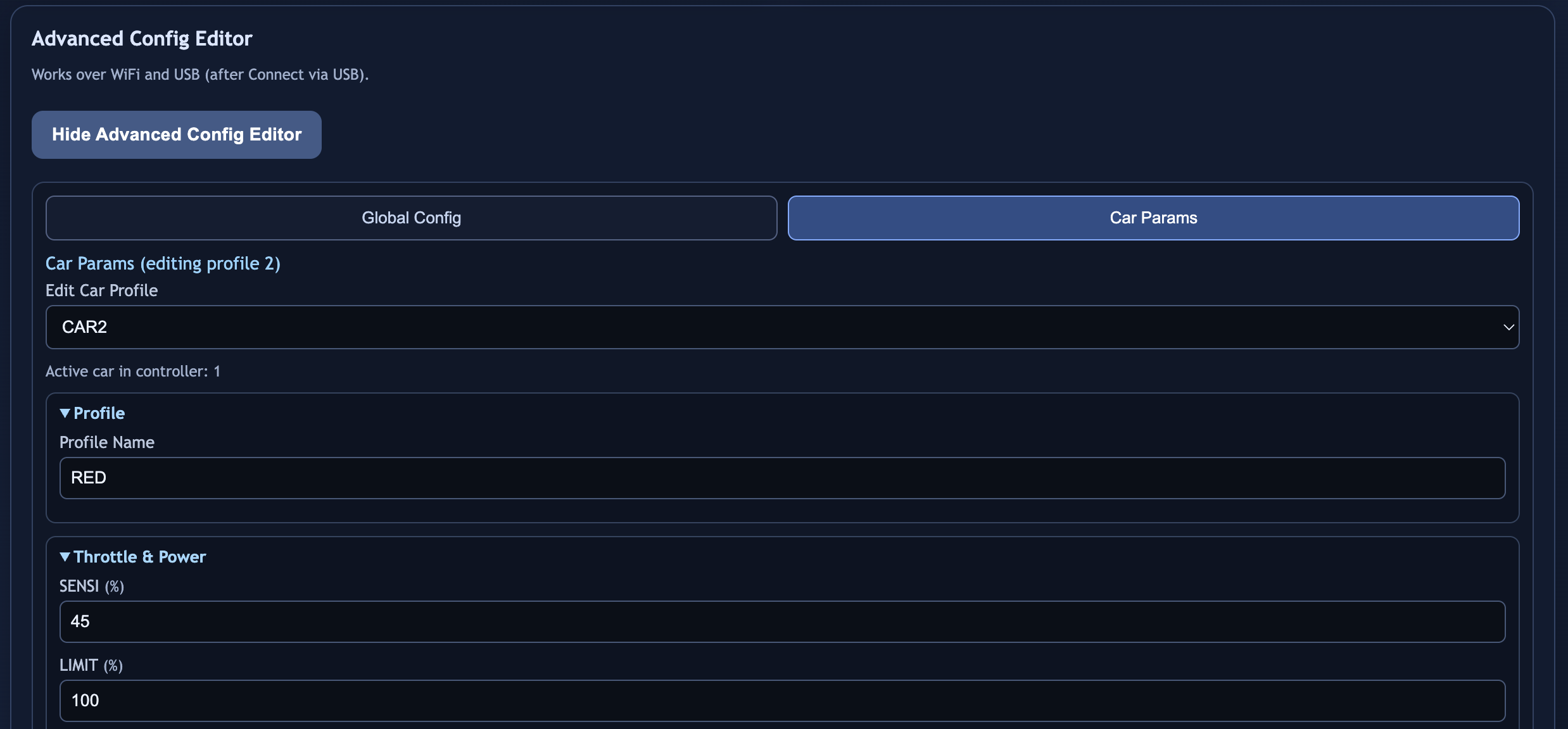 Advanced Config Editor car parameter screenshot showing profile selection and live-editable throttle and power fields